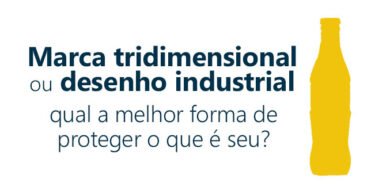 Imagem com silhueta da garrafa da Coca-Cola na cor amarela aplicada em arte com a frase marca tridimensional ou desenho industrial: qual a melhor forma de proteger o que é seu